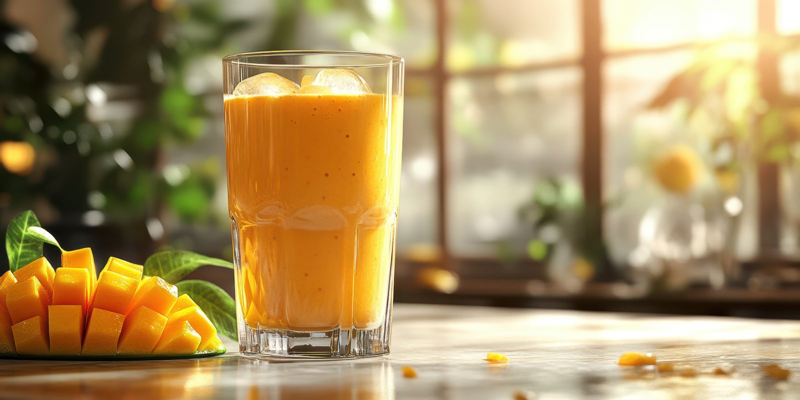 Refreshing mango smoothie in a sunlit kitchen showcasing fresh fruit and a relaxing atmosphere